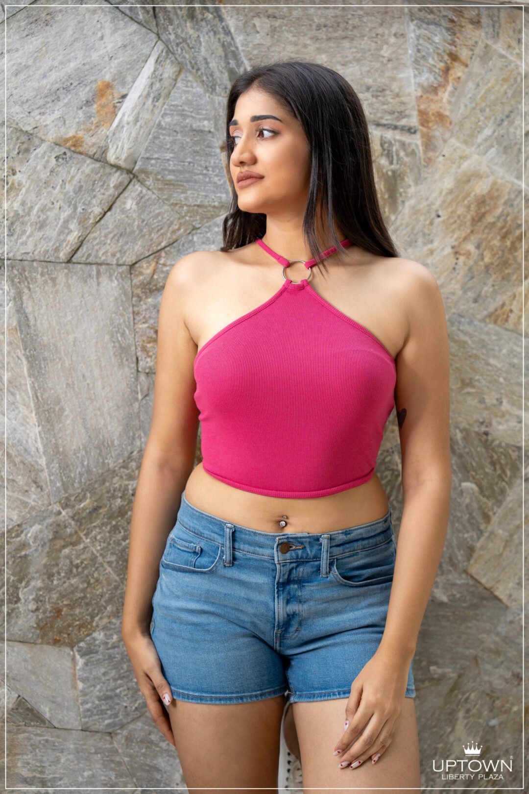 UP 4824 - TEE LOVE NECK RING FASHION RIB CROP TOP