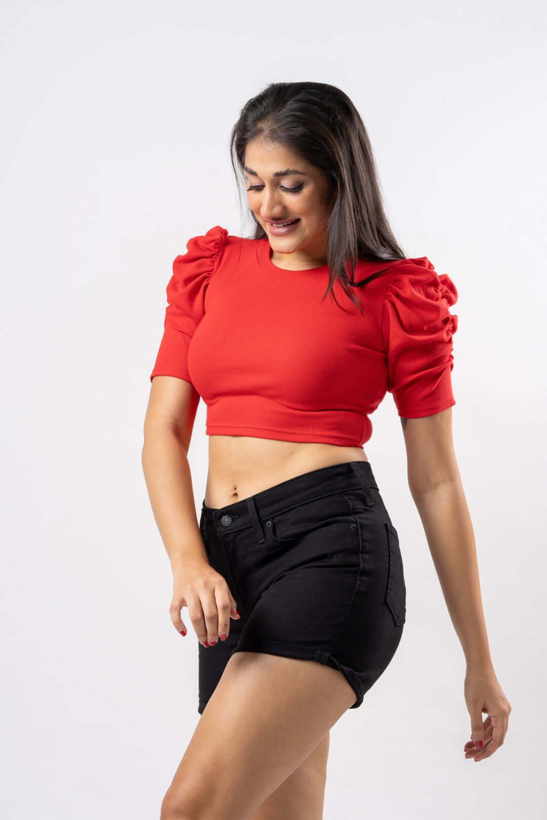 UP 4919 – TEE LOVE PUFF SLEEVE RED COLOR CROP TOP - Image 3