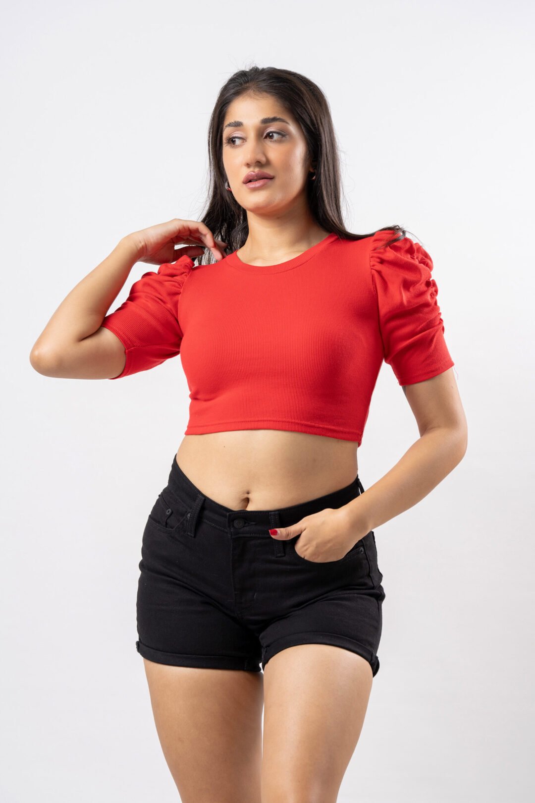 UP 4919 – TEE LOVE PUFF SLEEVE RED COLOR CROP TOP