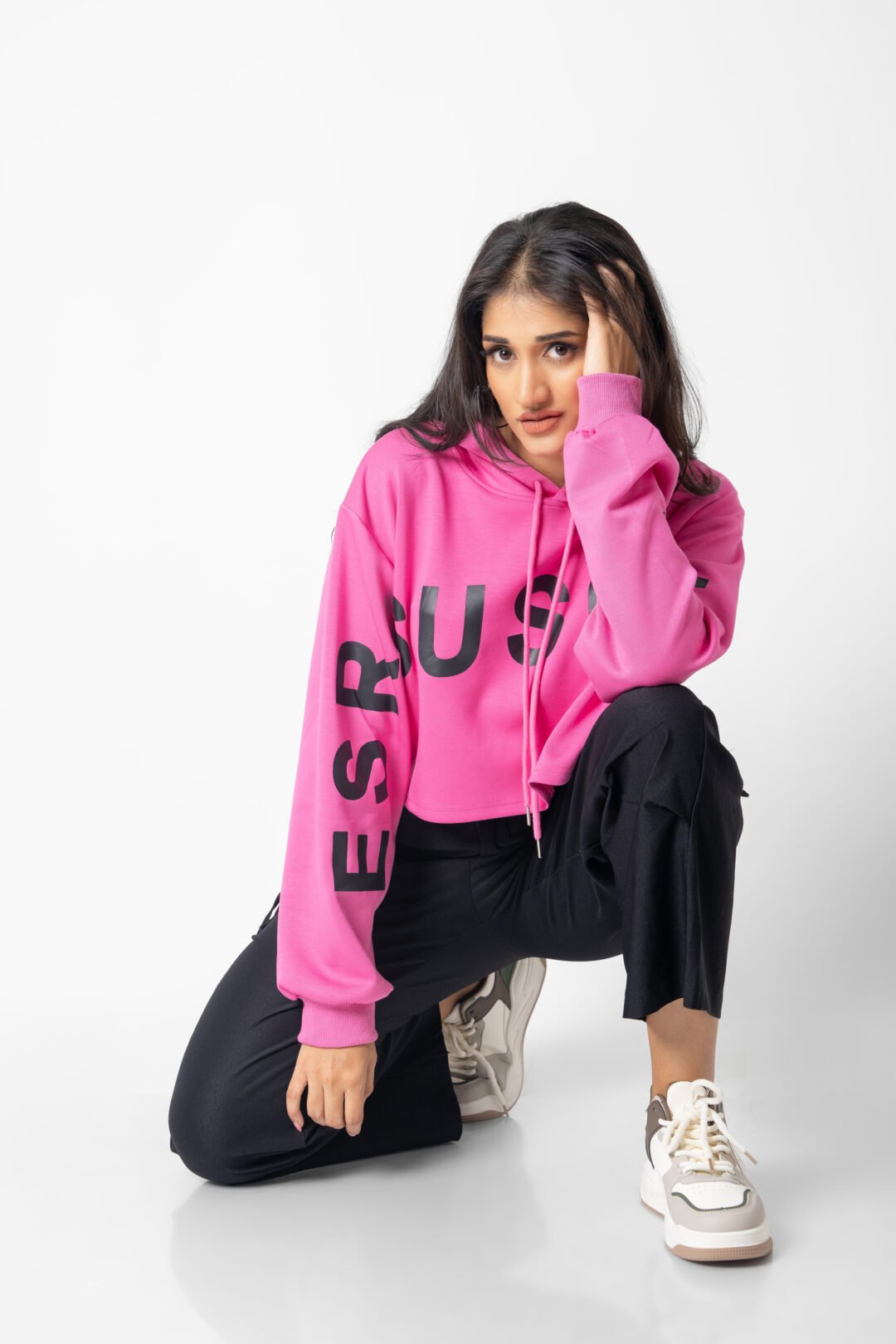 UP 5030 - PINK COLOR LONG SLEEVE HOODIE CROP TOP - Image 2