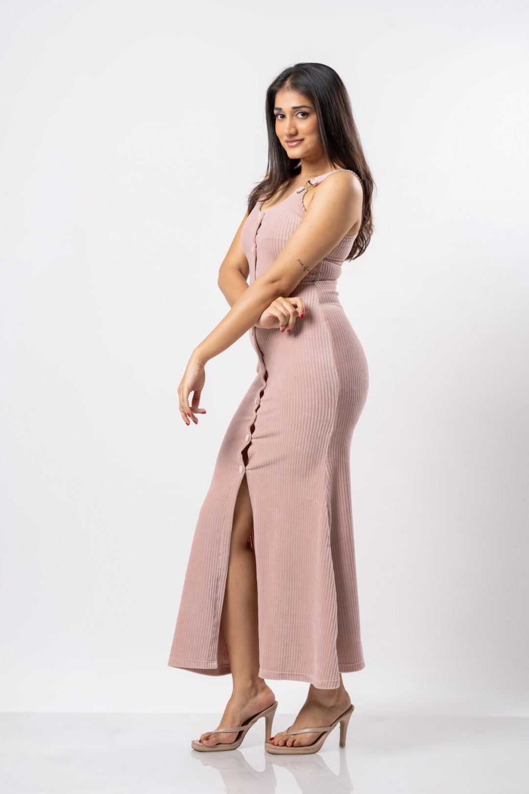 UP 5069 - TEE LOVE SHOULDER STRAP FRONT LONG SLIT BODYCON DRESS - Image 3